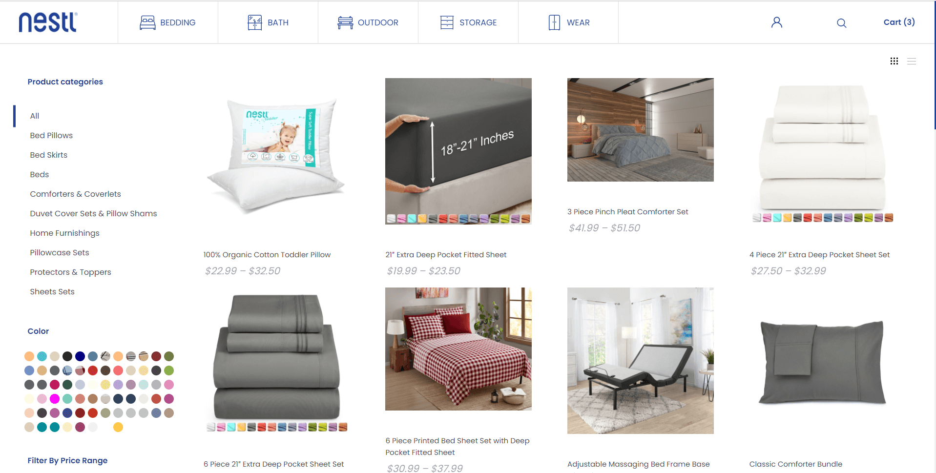 Screenshot of a product catalogue from the website selling bed linen