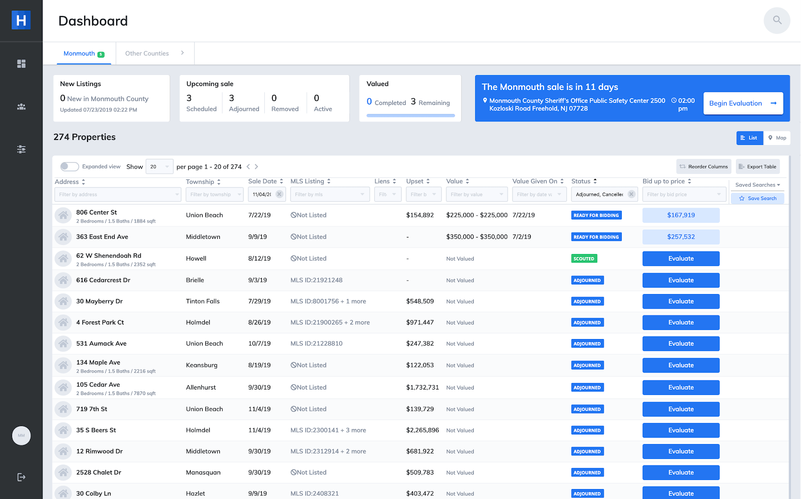 Screenshot of a property evaluation system