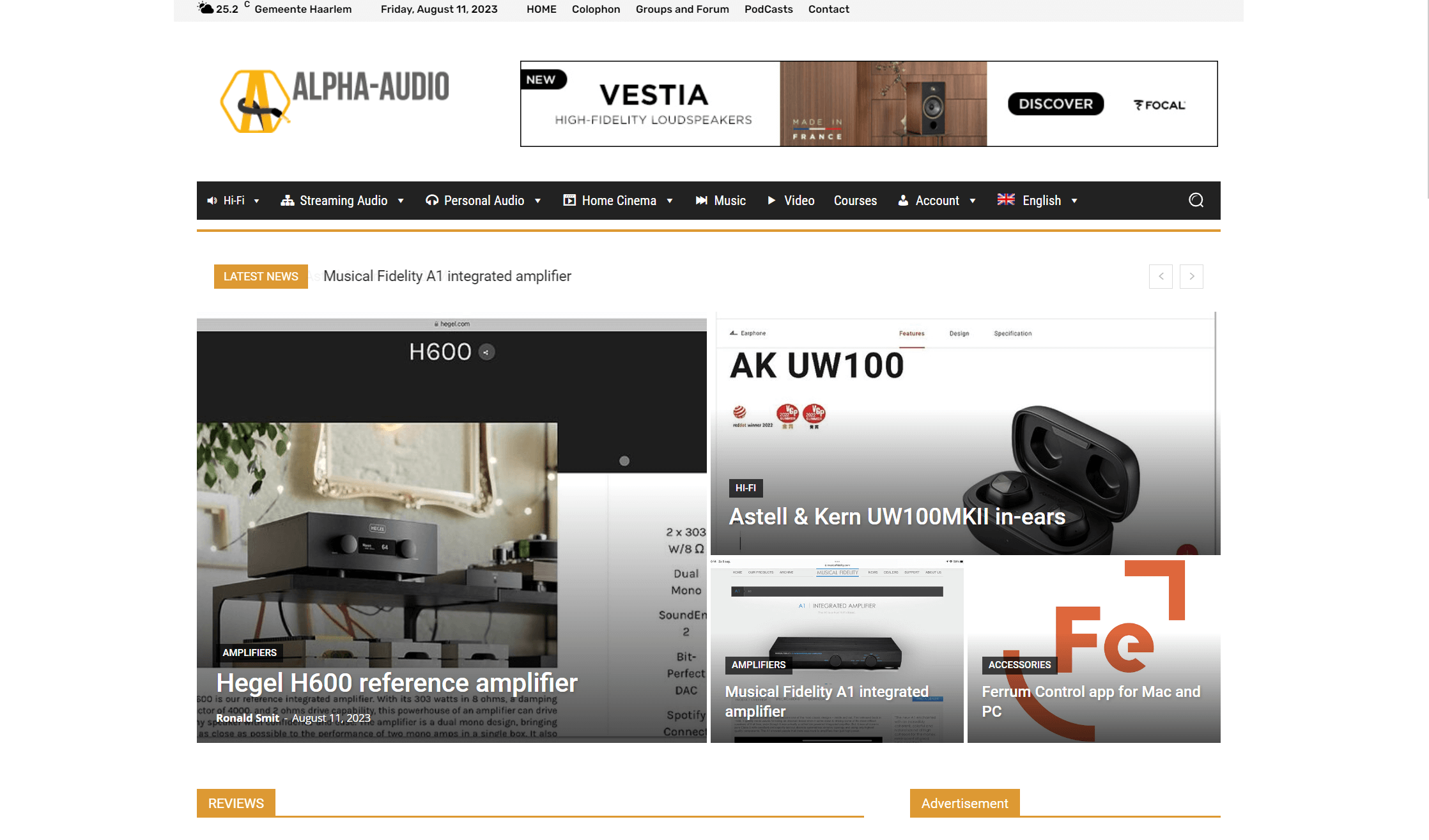 Screenshot of a home page from a website with reviews of audio and video equipment