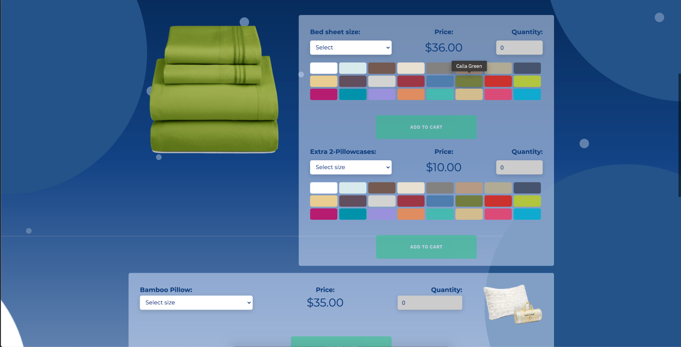 Screenshot of a product page of the website for fundraising by selling bed linen
