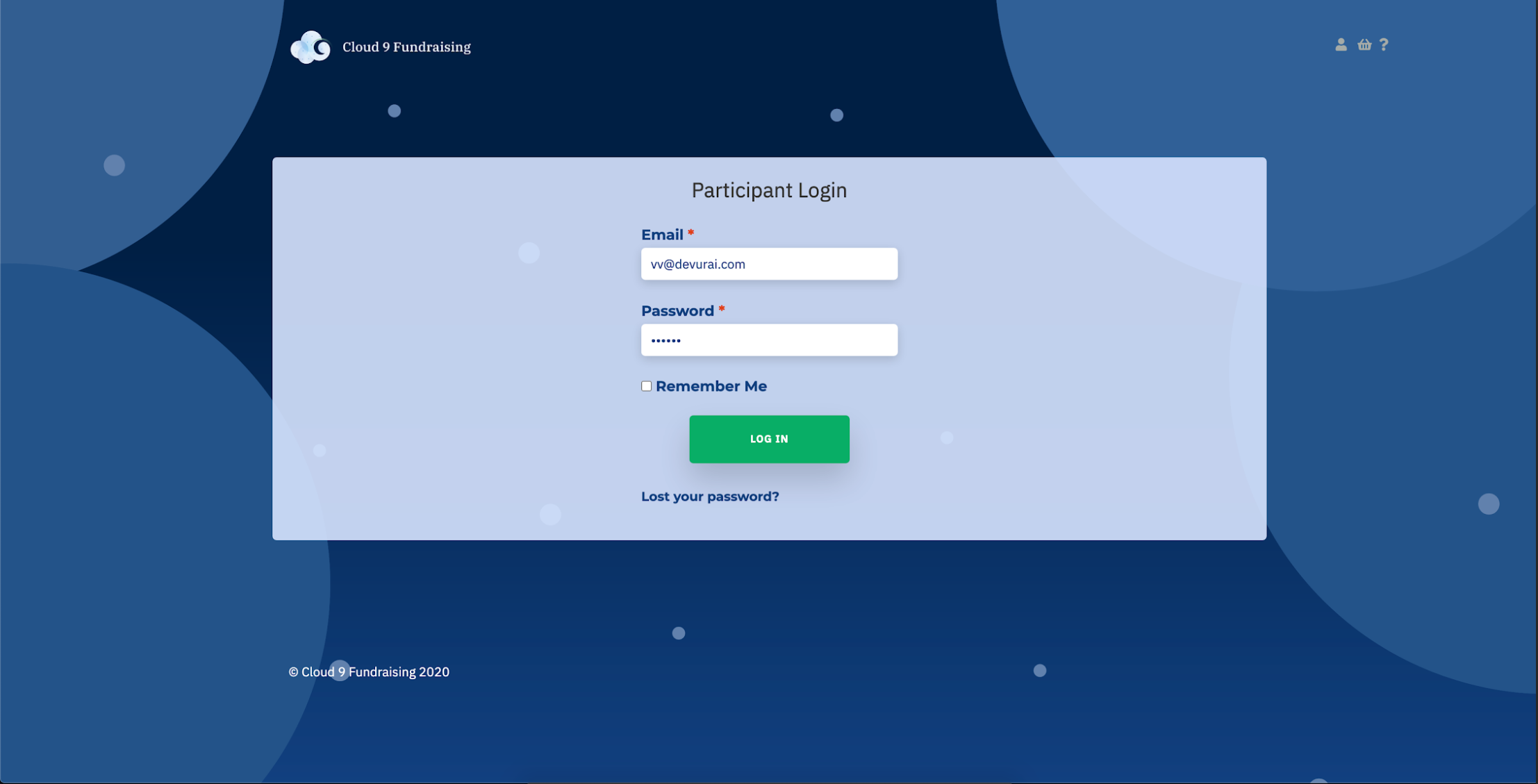 Screenshot of a participant login page of the website for fundraising by selling bed linen