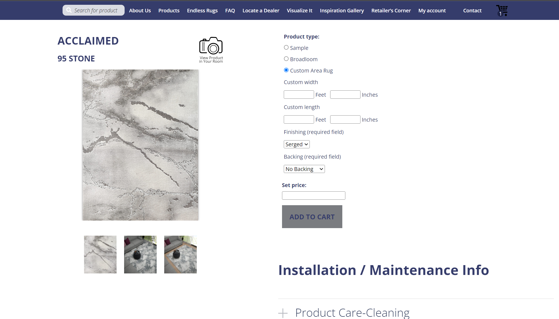 Product page from a website for a carpet company showcasing elegant designs, skilled craftsmanship, and exceptional service.